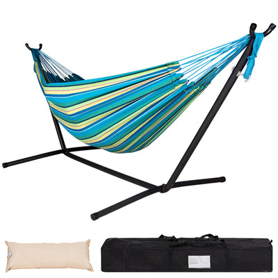 Lazy Daze Brazilian Premium Polycotton Hammock with pillow and storage bag on a white background.