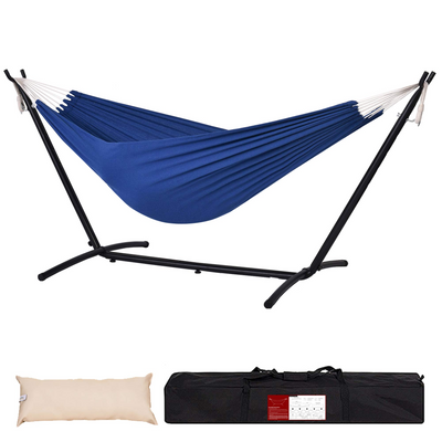 Lazy Daze Brazilian Premium Polycotton Hammock with pillow and storage bag on a white background.