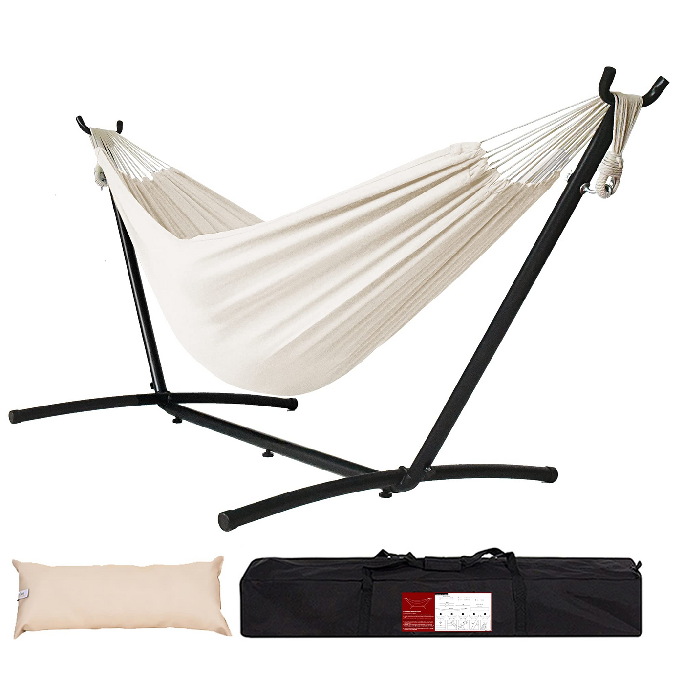 Lazy Daze Brazilian Premium Polycotton Hammock with pillow and storage bag on a white background.