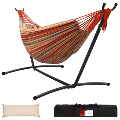 Lazy Daze Brazilian Premium Polycotton Hammock with pillow and storage bag on a white background.