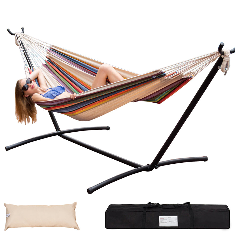 Lazy Daze Brazilian Premium Polycotton Hammock with pillow and storage bag on a white background.