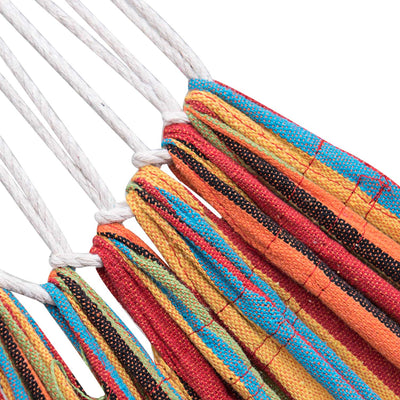 Comfortable fabric of the Lazy Daze Brazilian Premium Polycotton Hammock.#color_red-yellow-stripes