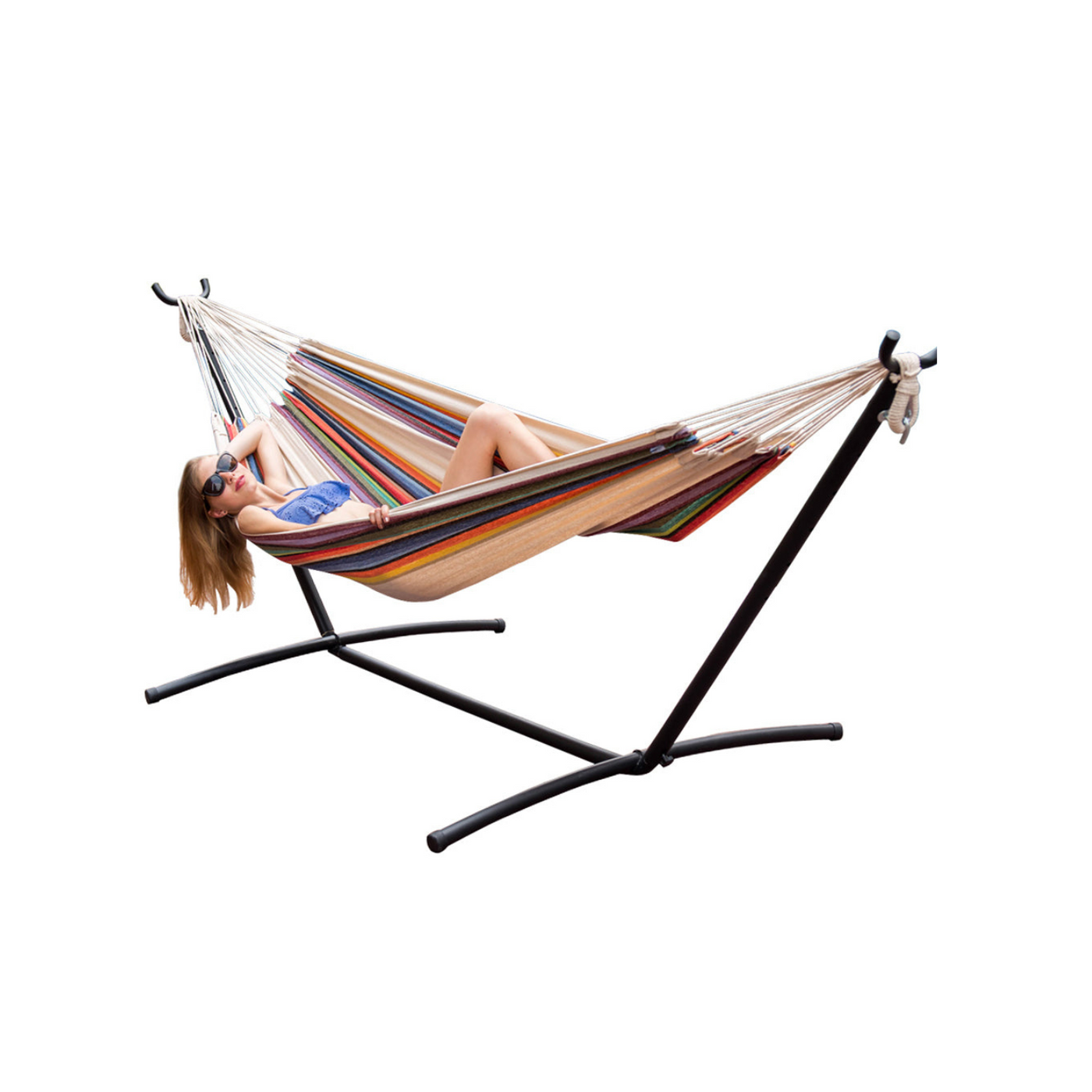 Lazy Daze Brazilian Premium Polycotton Hammock Combo on a white background.#color_tan-stripes