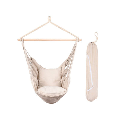 Lazy Daze cotton hammock chair with pillows on a white background.#color_natural