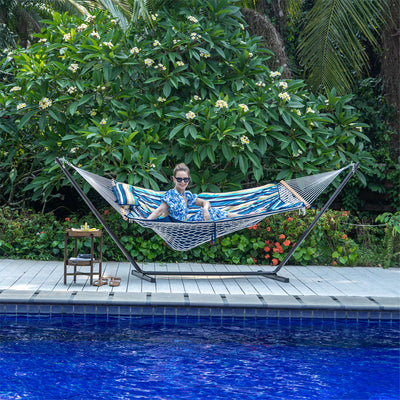 Lazy Daze Cotton Rope Hammock Combo set up for a peaceful outdoor retreat.#color_beach