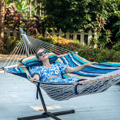 Enjoying a Lazy Daze Cotton Rope Hammock Combo on a sunny day.#color_beach