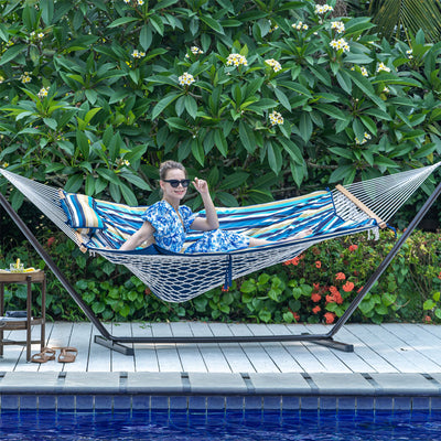 Comfortable backyard setup with Lazy Daze Cotton Rope Hammock Combo.#color_beach