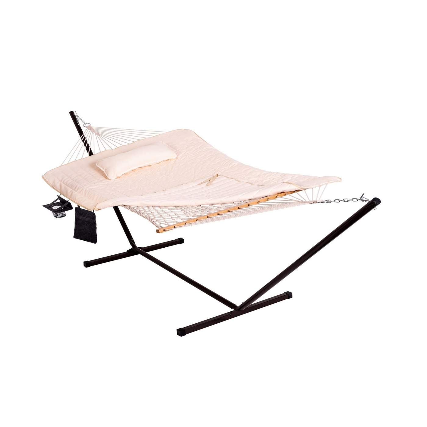 Lazy Daze Cotton Rope Hammock Combo with stand and pillow, white background.#color_beige