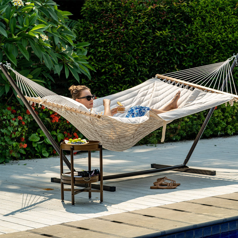 Comfortable Lazy Daze Cotton Rope Hammock Combo set up outdoors.#color_beige