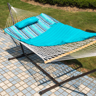 Comfortable Lazy Daze Cotton Rope Hammock Combo set up for outdoor lounging.#color_blue-ocean