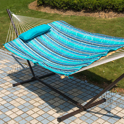 Lazy Daze Cotton Rope Hammock Combo set up in the backyard with a sturdy stand.#color_blue-ocean