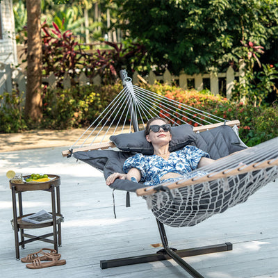 Lazy Daze Cotton Rope Hammock Combo in backyard, woman relaxing comfortably.#color_gray