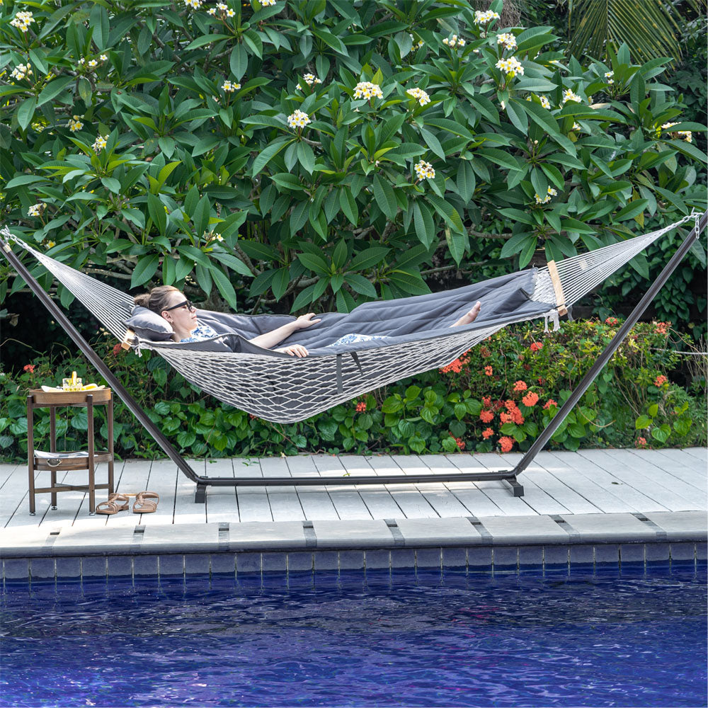 Lazy Daze Cotton Rope Hammock Combo, woman enjoying peaceful time outdoors.#color_gray