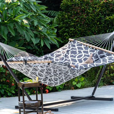 Lazy Daze Cotton Rope Hammock Combo, woman enjoying a peaceful moment outdoors.#color_gray-white