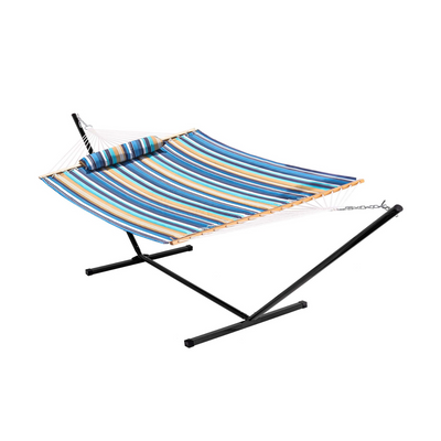 Lazy Daze Deluxe Quilted Fabric Hammock Combo on a white background.#color_blue-strips