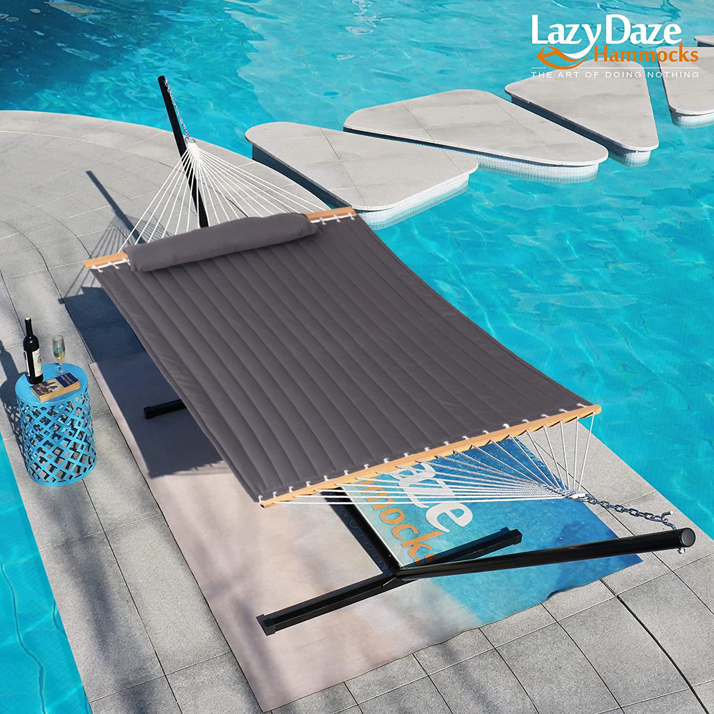 Lazy Daze Deluxe Quilted Fabric Hammock Combo with a sturdy stand, perfect for lounging.#color_gray