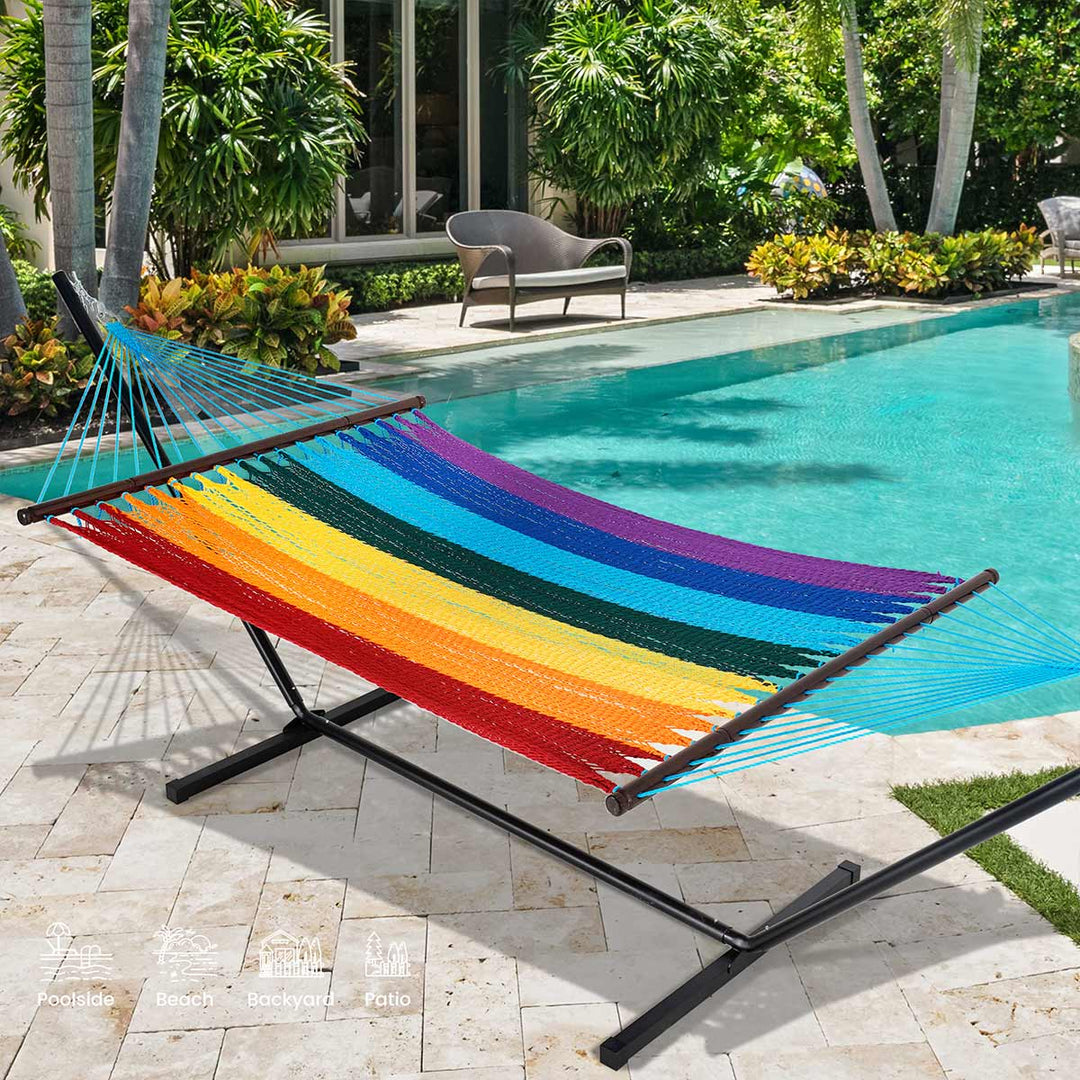 Caribbean Rope Hammock – 10FT Double Handwoven with Wood Spreaders