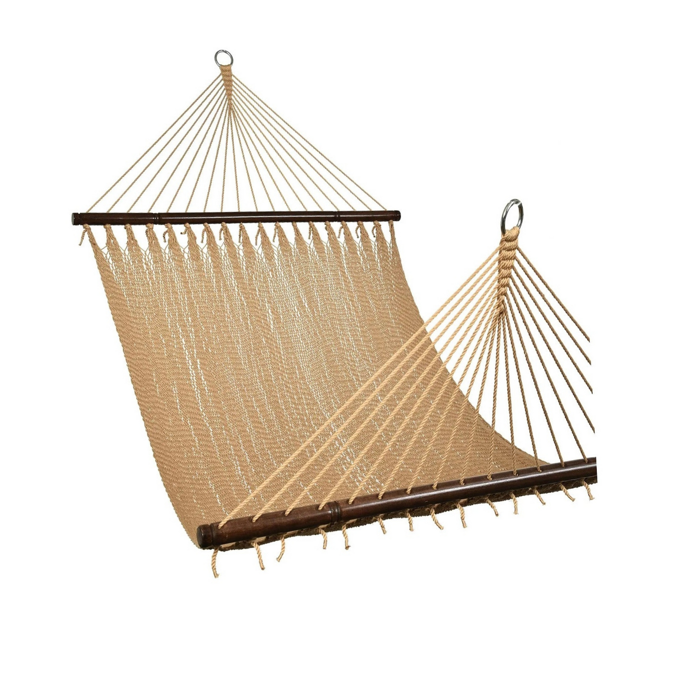 White background image of the Lazy Daze Double Caribbean Rope Hammock in Tan, highlighting its elegant design.#color_tan