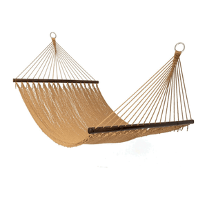 White background product image of the Lazy Daze Double Caribbean Rope Hammock in Tan, highlighting its premium design.