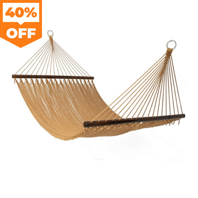 White background product image of the Lazy Daze Double Caribbean Rope Hammock in Tan, highlighting its premium design.