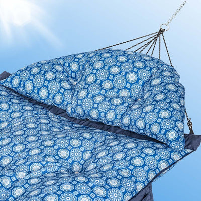 Close-up of the detailed pattern on the Lazy Daze Double Hammock with Curved Spreader Bar in navy.#color_navy