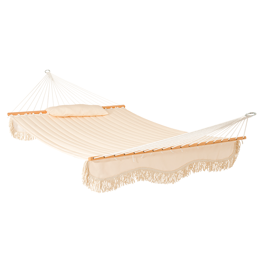 Lazy Daze large double quilted hammock with tassels on a white background.#color_natural-solid-with-tassels