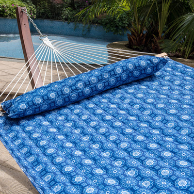 Lazy Daze Double Reversible Quilted Hammock in Floral Blue, highlighting the comfort fabric and pillow.#color_floral-blue