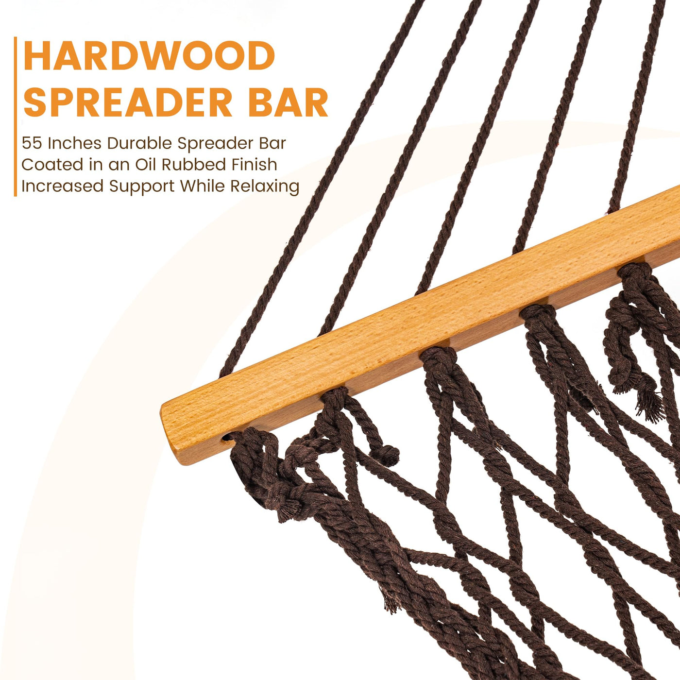 Close-up of the sturdy hardwood spreader bar on the Lazy Daze Double Traditional Cotton Rope Hammock in Brown.#color_brown