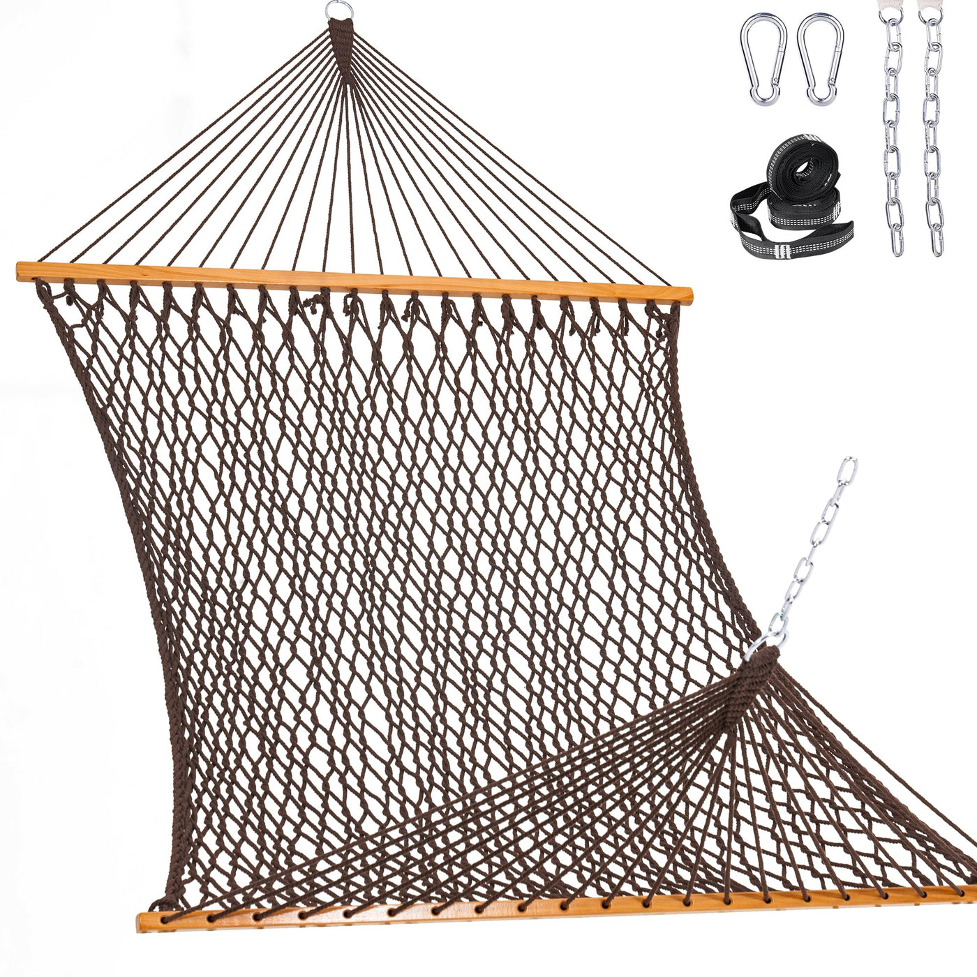 Lazy Daze Double Traditional Cotton Rope Hammock in brown with accessories for added comfort.#color_brown