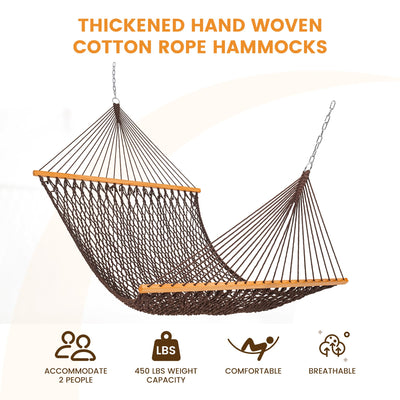 Thickened hand-woven cotton rope hammock in brown for extra durability and comfort.#color_brown