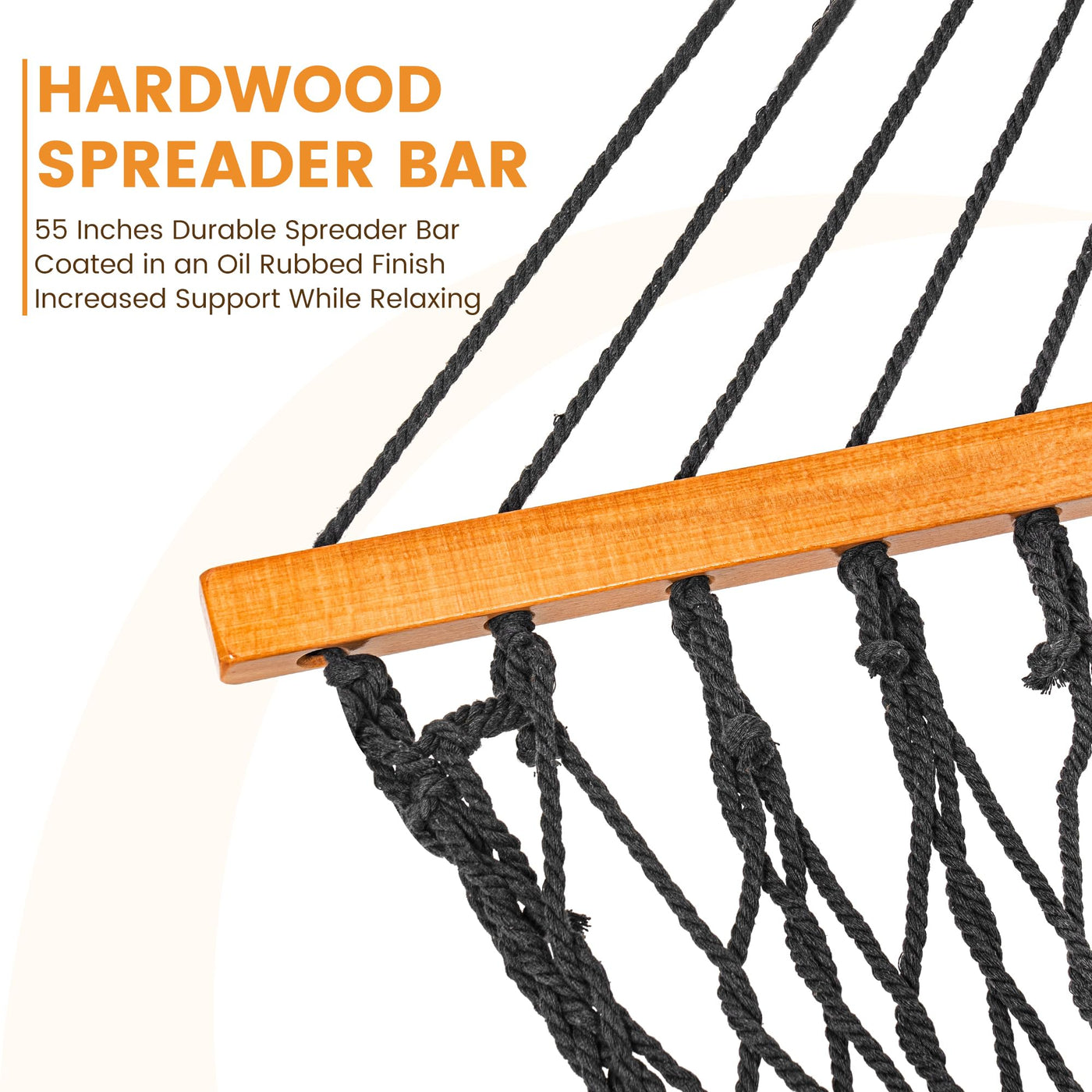 Detailed view of the hardwood spreader bar on the Lazy Daze Double Traditional Cotton Rope Hammock.#color_dark-grey