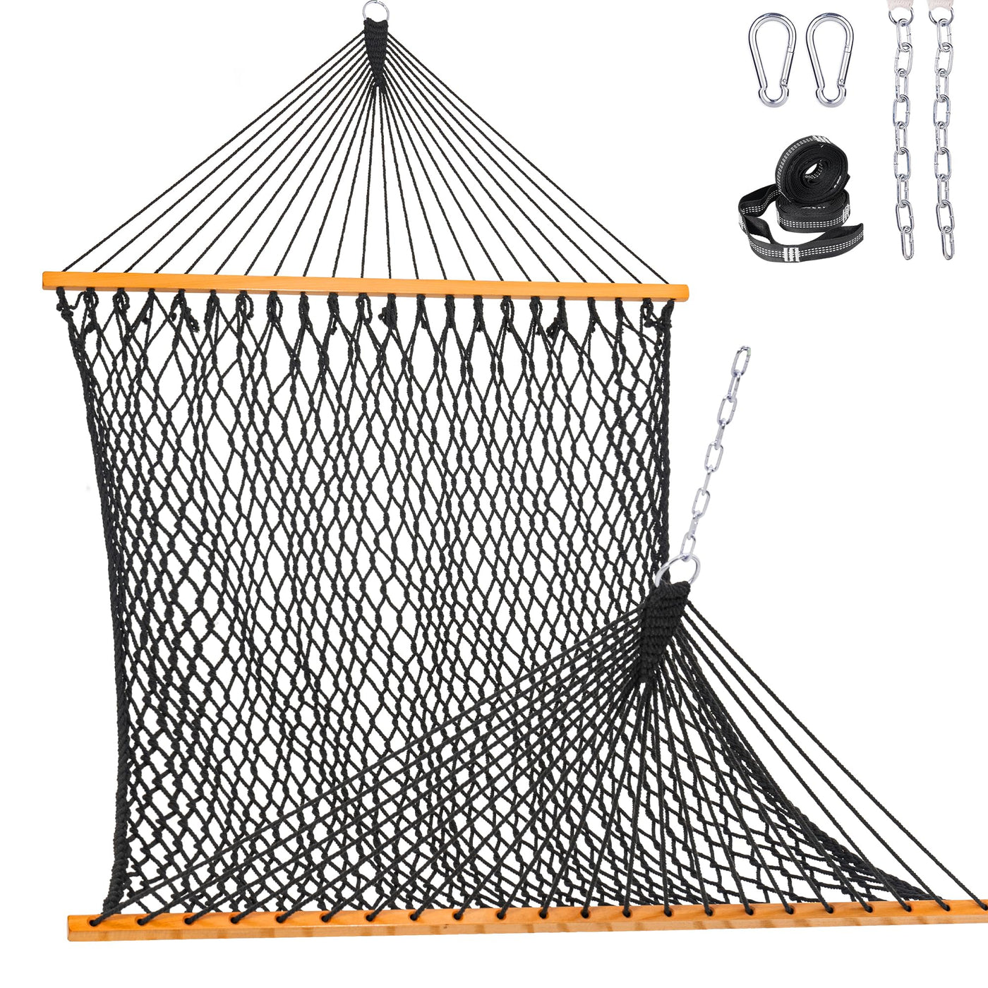 Lazy Daze Double Traditional Cotton Rope Hammock in Dark Grey with accessories.#color_dark-grey