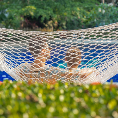 Durable rope net detail of the Lazy Daze Double Traditional Cotton Rope Hammock.#color_natural