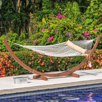 Lazy Daze Double Traditional Cotton Rope Hammock in a peaceful outdoor setting.#color_with-pollow