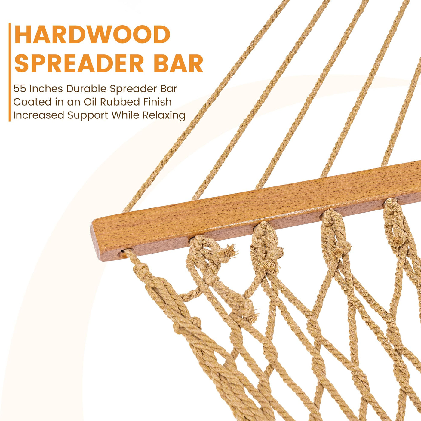 High-quality hardwood spreader bar on Lazy Daze Double Traditional Cotton Rope Hammock in tan.#color_tan