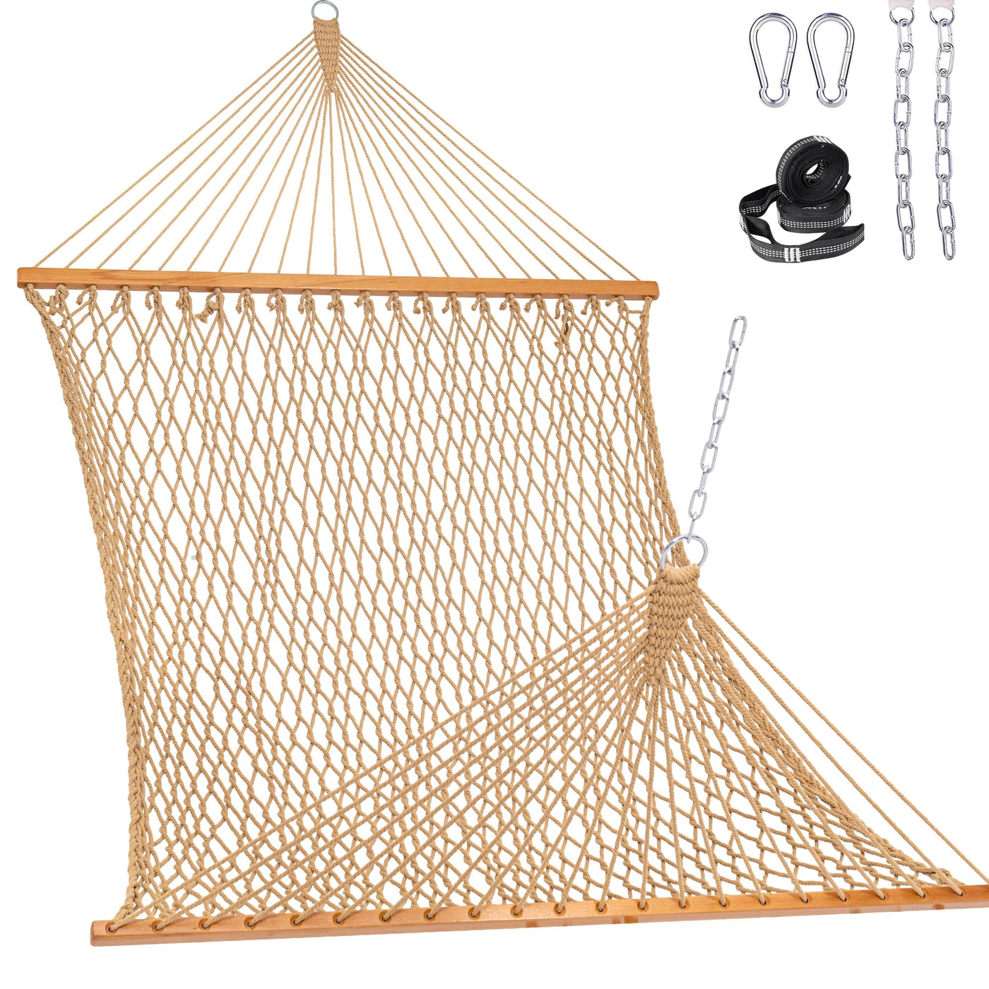 Lazy Daze Double Traditional Cotton Rope Hammock in tan with accessories included.#color_tan