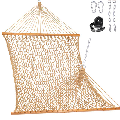 Lazy Daze Double Traditional Cotton Rope Hammock in tan with accessories included.#color_tan