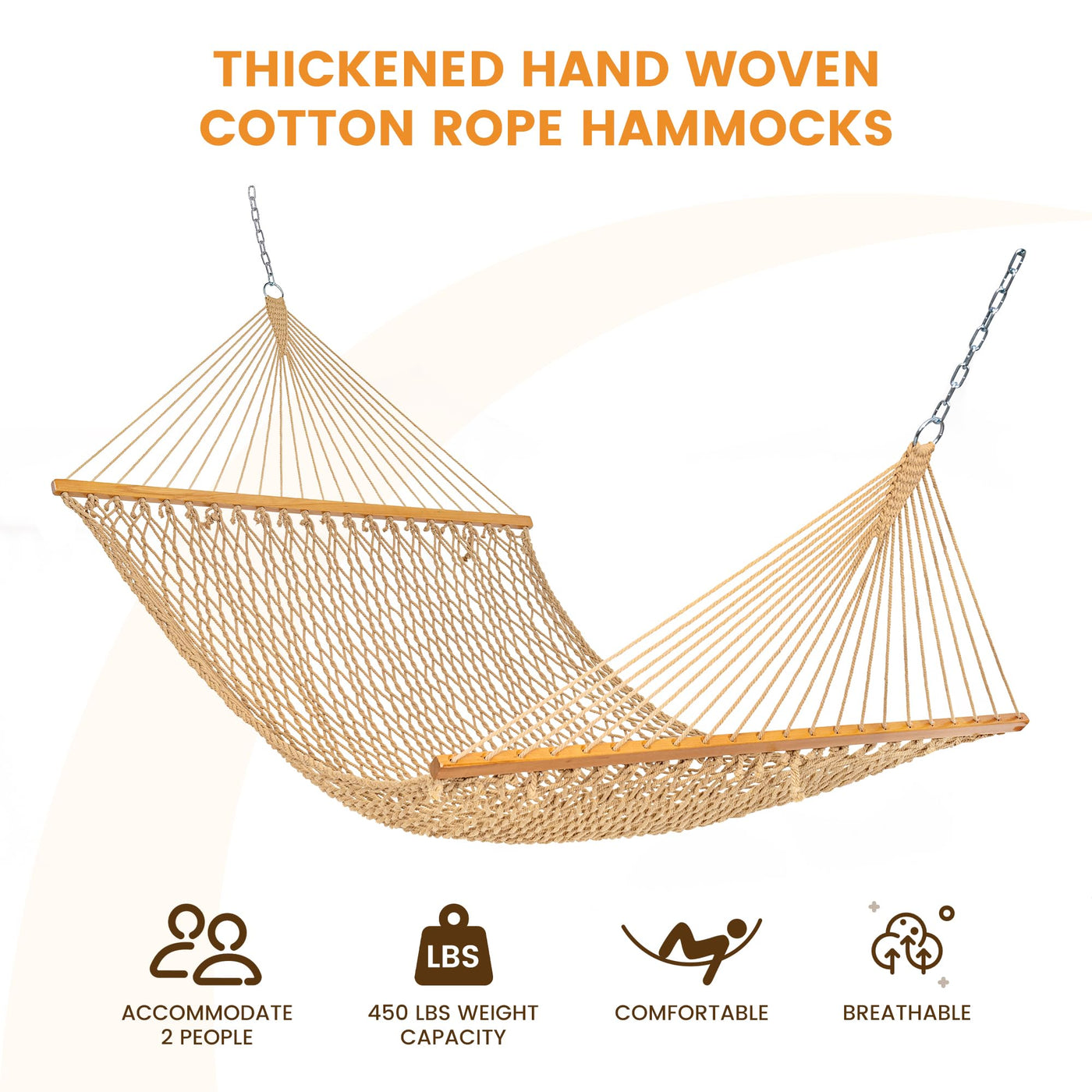 Lazy Daze Double Traditional Cotton Rope Hammock in tan, thickened hand-woven cotton rope.#color_tan