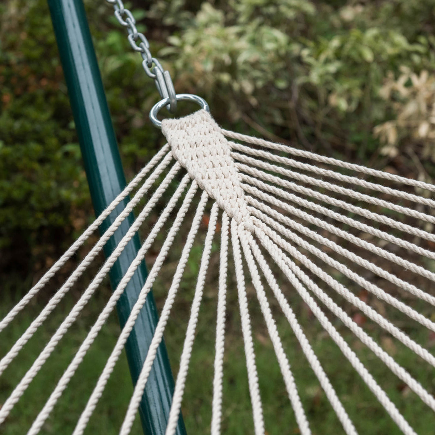 Close-up of the crafted rope knot on the Lazy Daze Double Traditional Cotton Rope Hammock with Pillow.#color_with-pillow