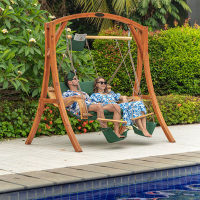 Lazy Daze dual swing chair with stand, ideal for enjoying the outdoors together.#type_chair-with-stand