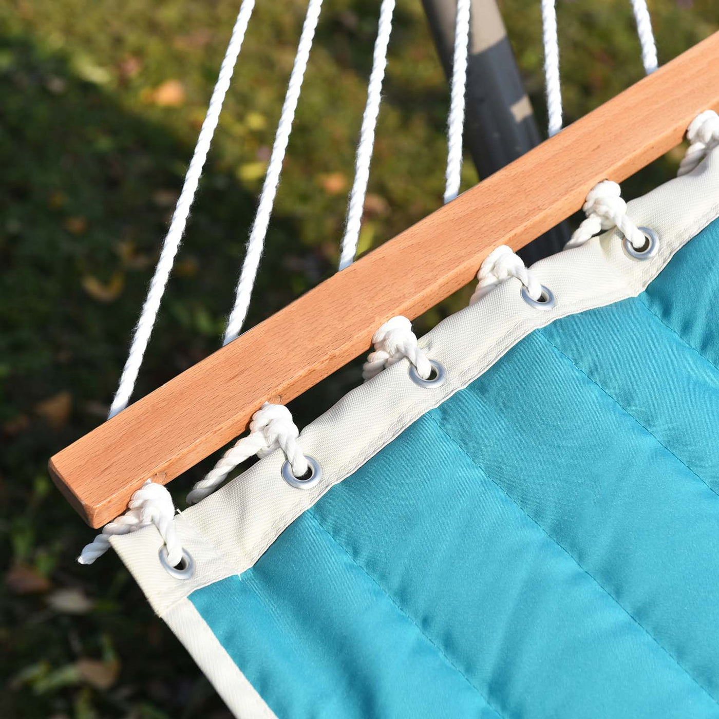 Lazy Daze large double quilted hammock showcasing a durable hardwood spreader bar and comfort fabric.#color_sky-blue