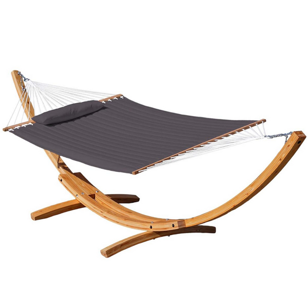 Lazy Daze large double quilted hammock with stand on a white background.#color_dark-gray-natural