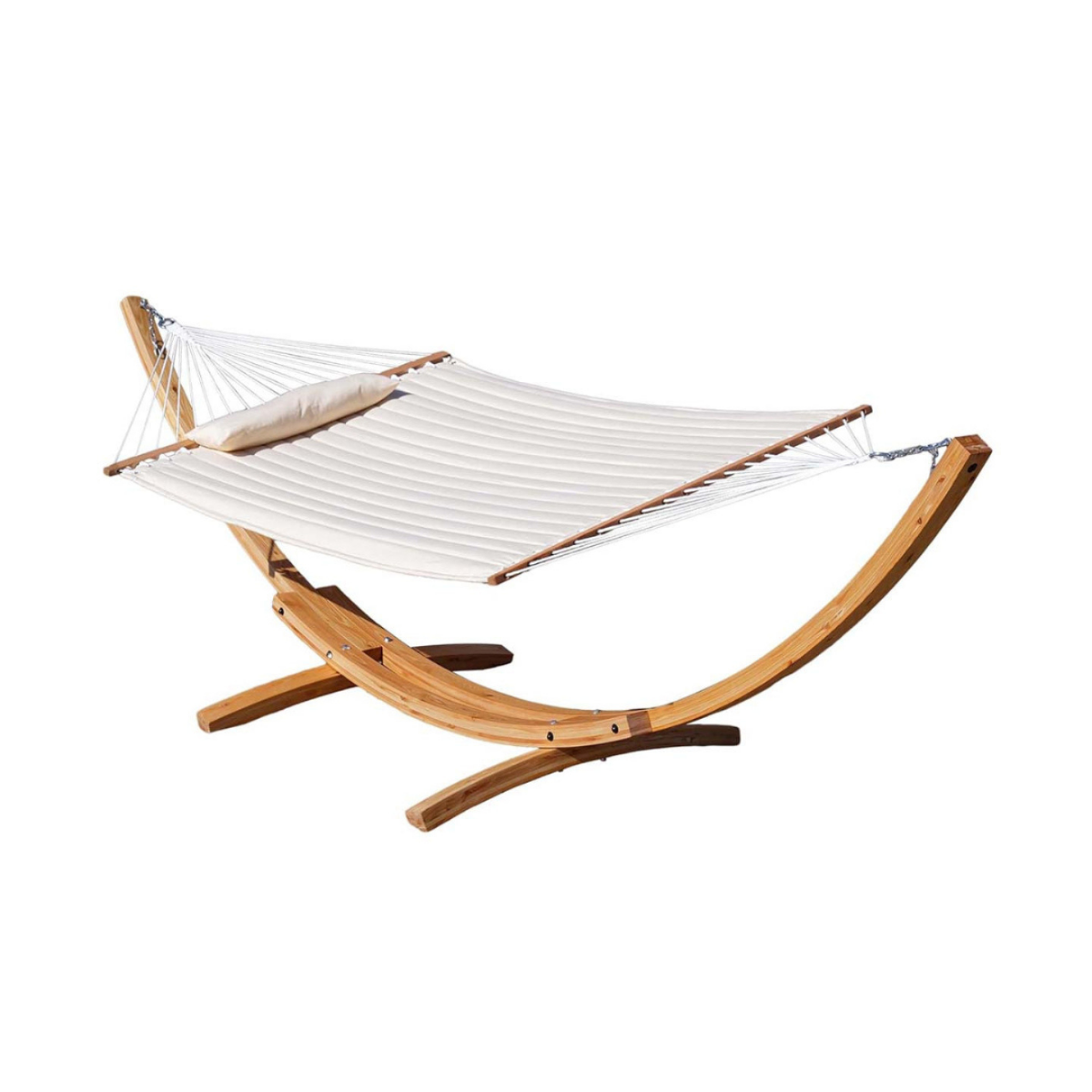 Lazy Daze large double quilted hammock with stand on a white background.#color_natural-solid