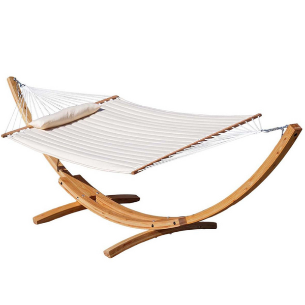 Lazy Daze large double quilted hammock with stand on a white background.#color_cream-natural