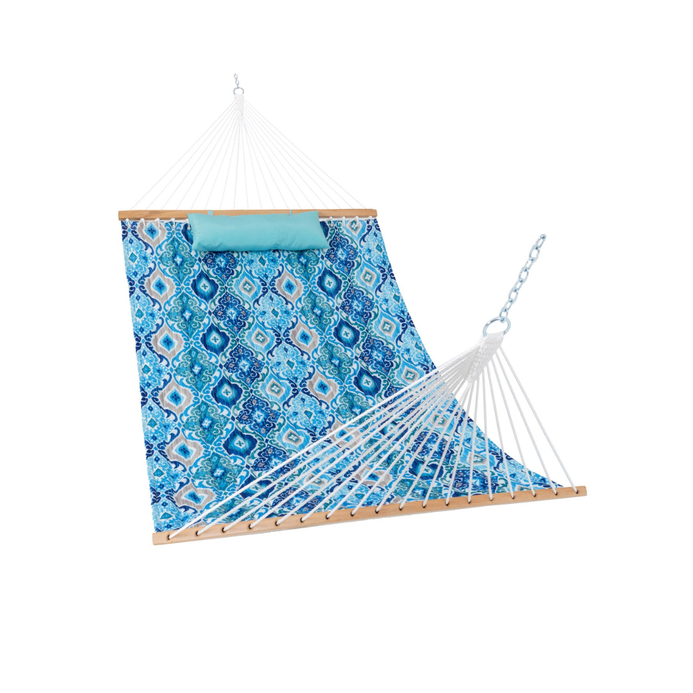 Lazy Daze large double reversible quilted hammock in floral aqua design on white background.#color_floral-aqua