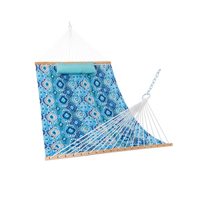 Lazy Daze large double reversible quilted hammock in floral aqua design on white background.#color_floral-aqua