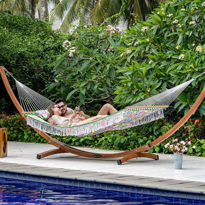 Lazy Daze large double reversible quilted hammock in floral, perfect for outdoor relaxation in the backyard.#color_floral