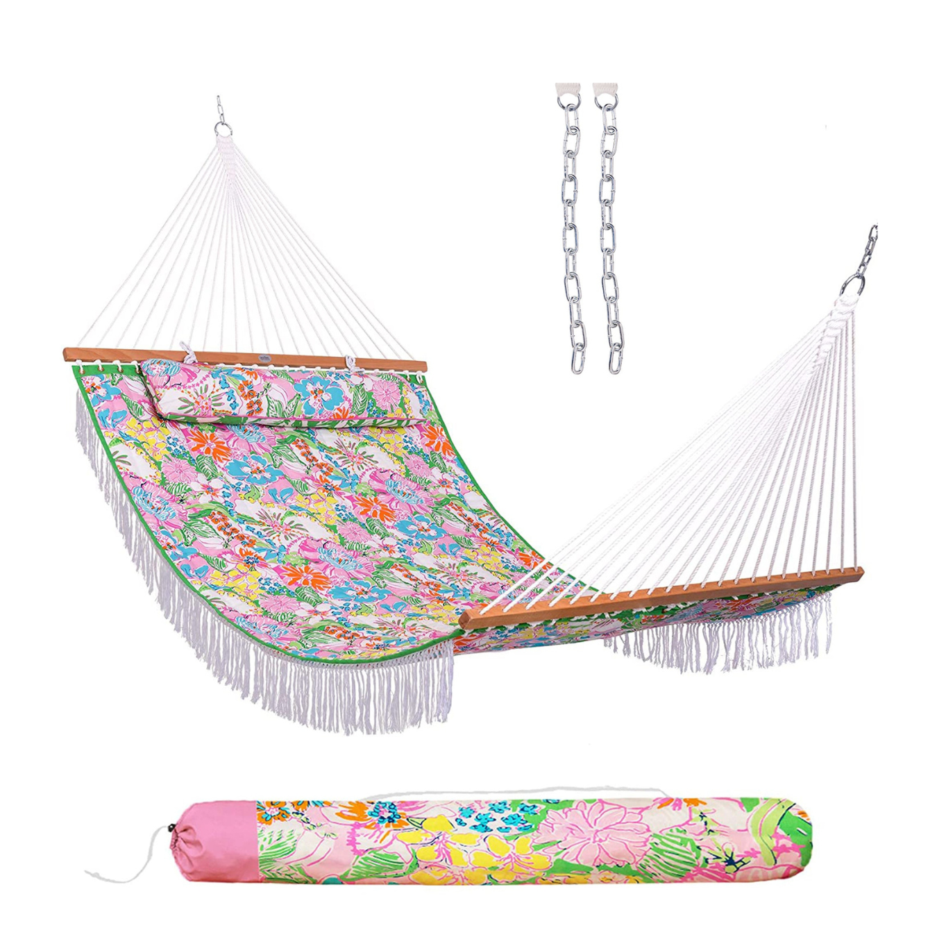 Lazy Daze large double reversible quilted hammock in floral design displayed on a clean white background.#color_floral