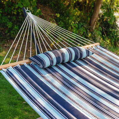 Comfortable quilted fabric and detachable pillow of the Lazy Daze Large Double Stripes Hammock.
#color_aqua-navy