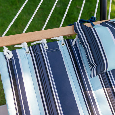 Hardwood spreader bar detail of the Lazy Daze Large Double Stripes Quilted Hammock in Aqua Navy.#color_aqua-navy